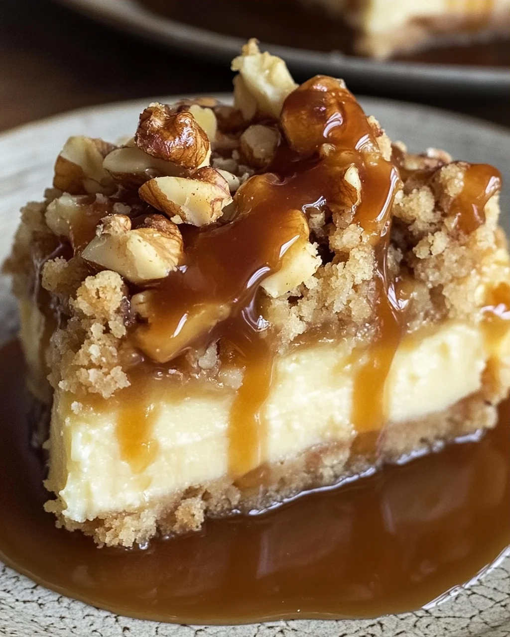 Apfel-Cheesecake mit Walnuss-Streuseln und Karamellsauce