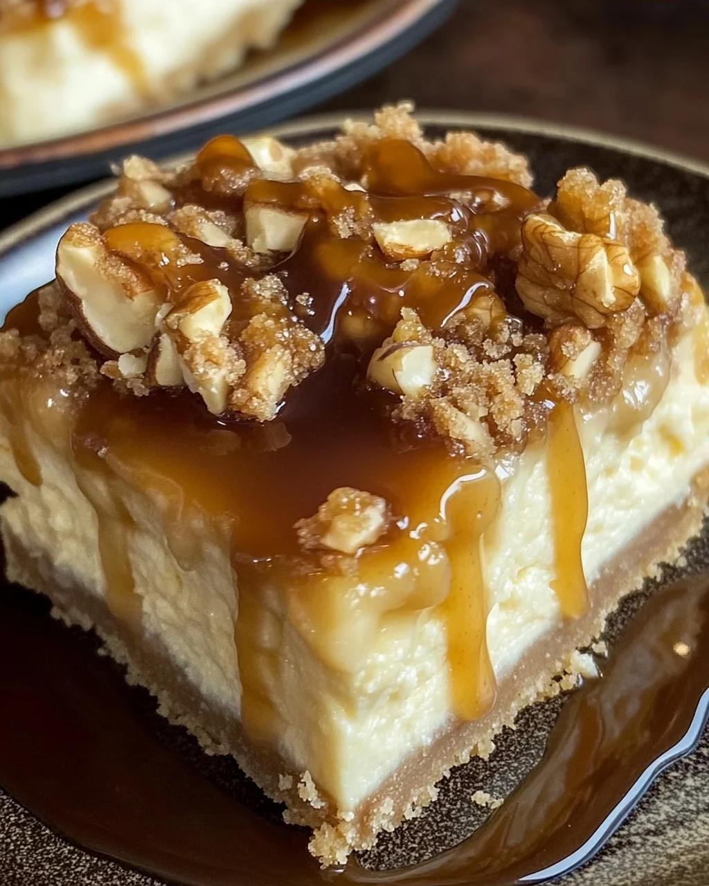 Apfel-Cheesecake mit Walnuss-Streuseln und Karamellsauce