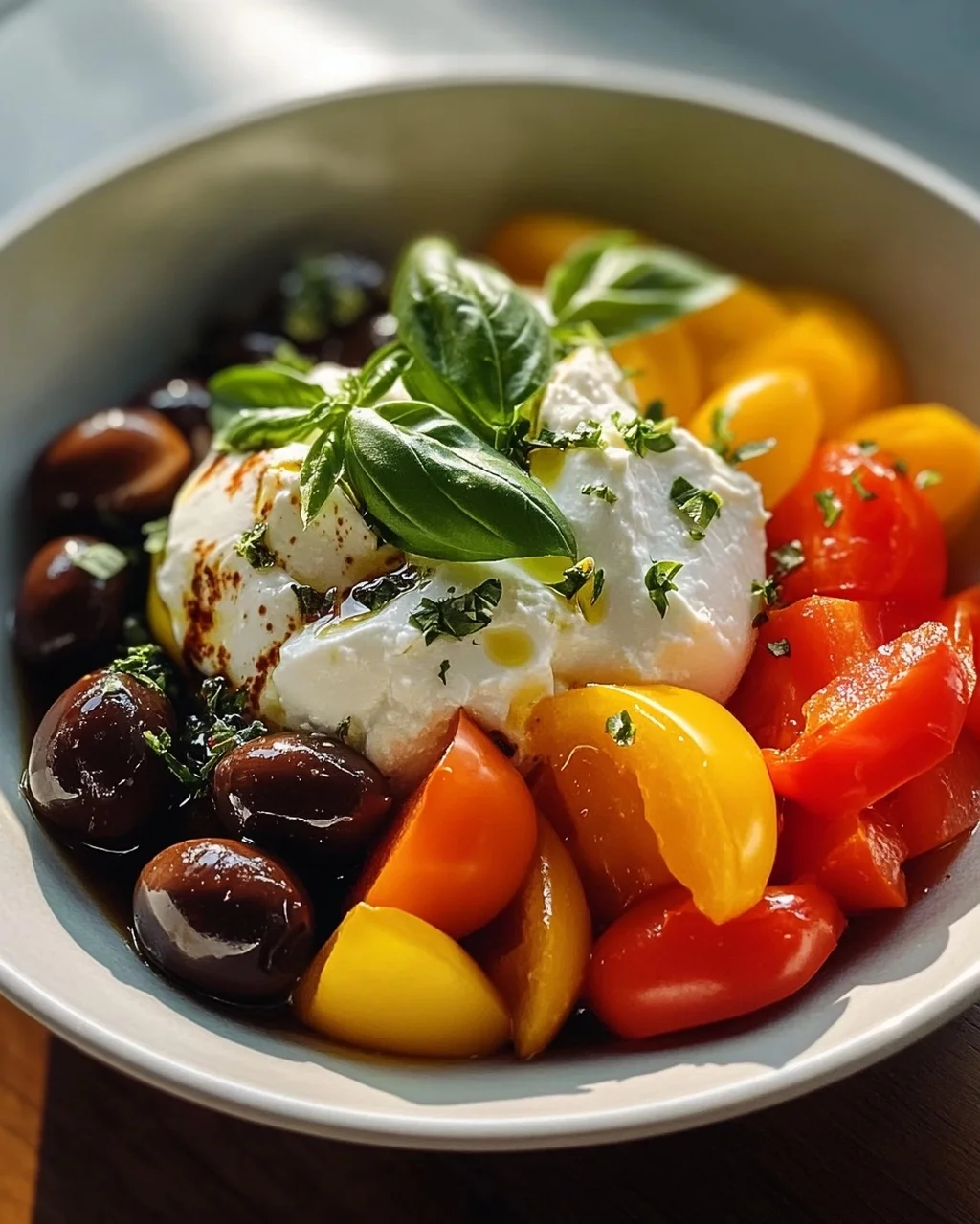 Cremige Mediterrane Burrata Bowl mit Paprika & Oliven