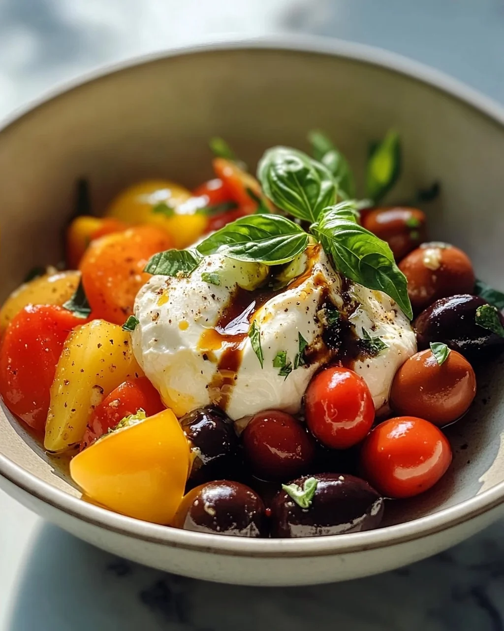 Cremige Mediterrane Burrata Bowl mit Paprika & Oliven