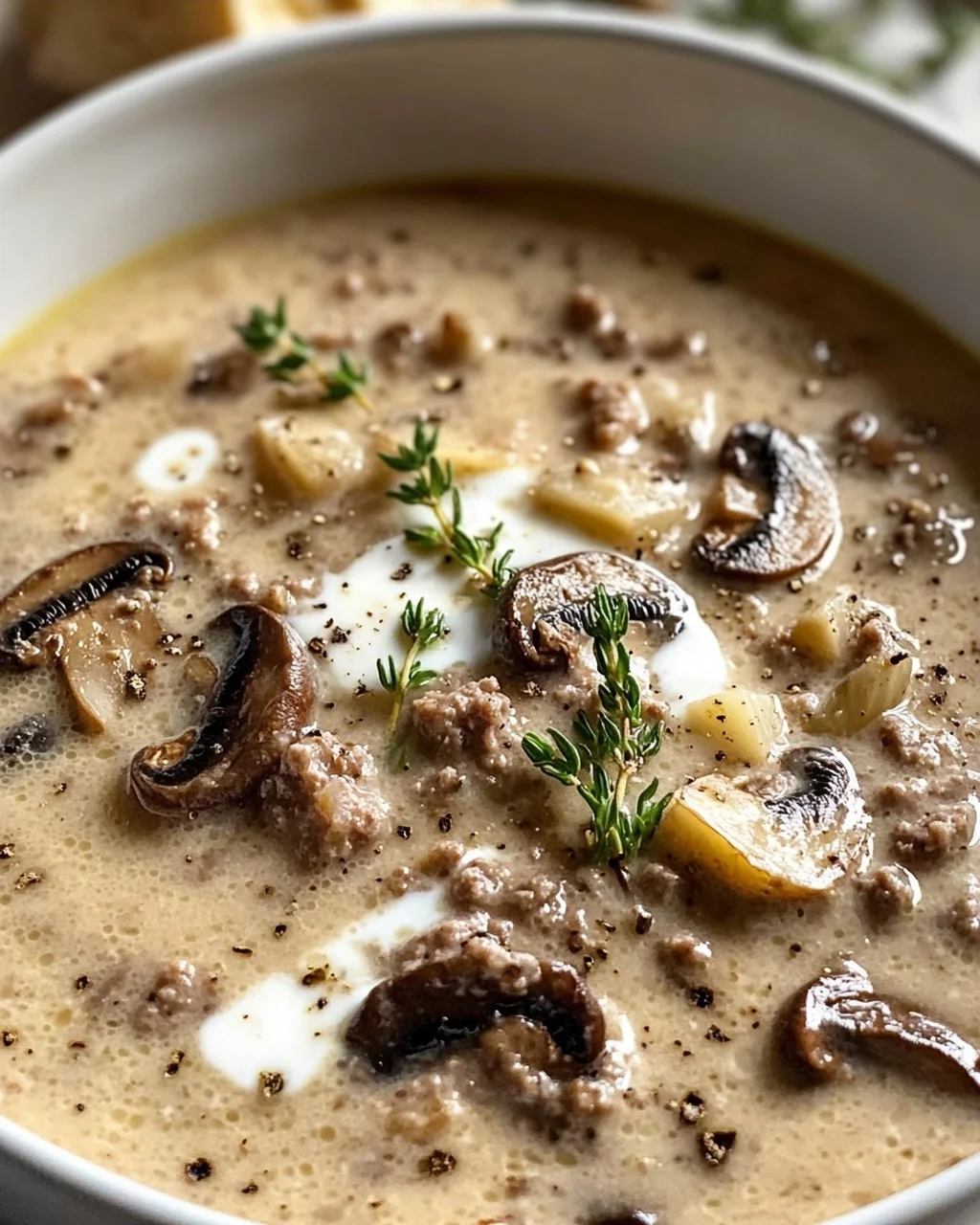 Cremige Rinder-Champignon Suppe mit Knoblauch und Thymian