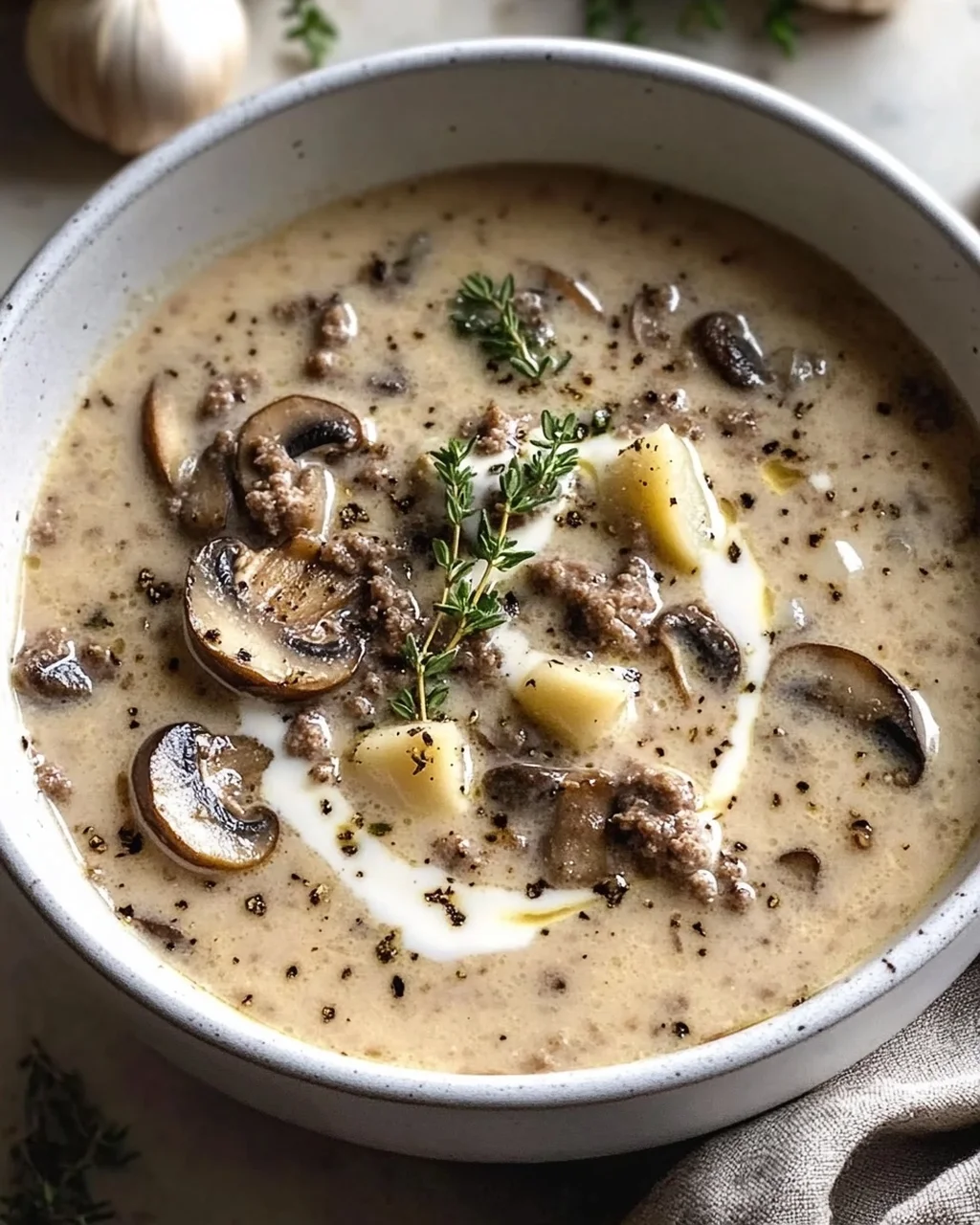 Cremige Rinder-Champignon Suppe mit Knoblauch und Thymian