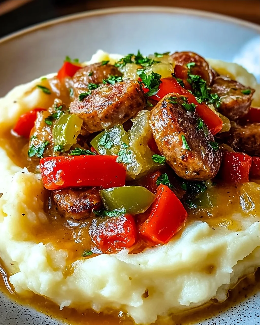 Cremige Wurst und Paprika auf Kartoffelpüree