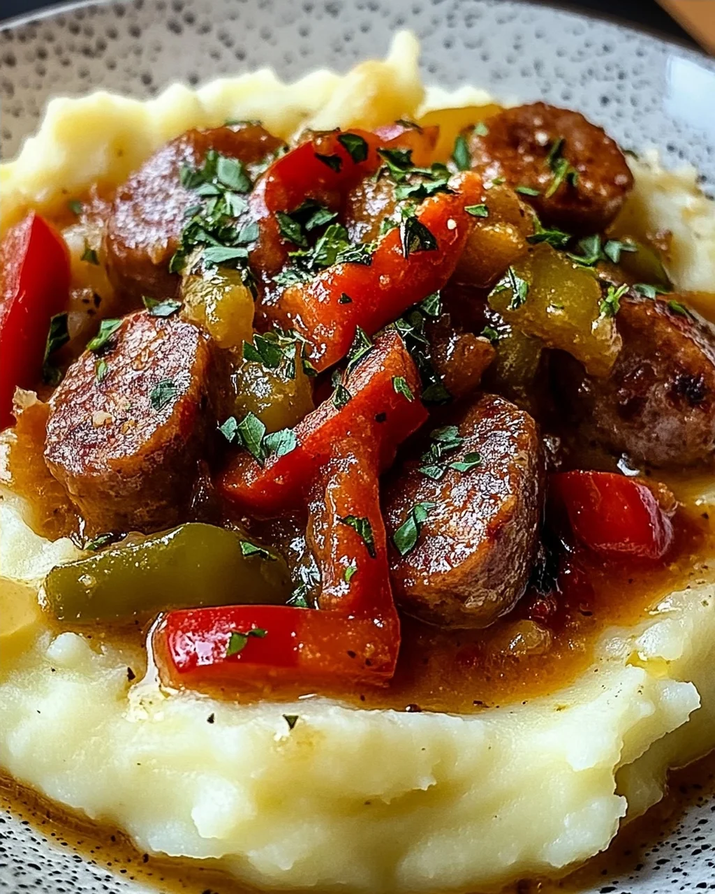 Cremige Wurst und Paprika auf Kartoffelpüree