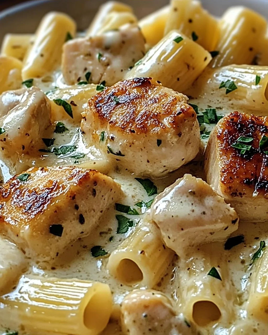 Cremiges Knoblauchbutter-Huhn und Rigatoni in Parmesan-Soße