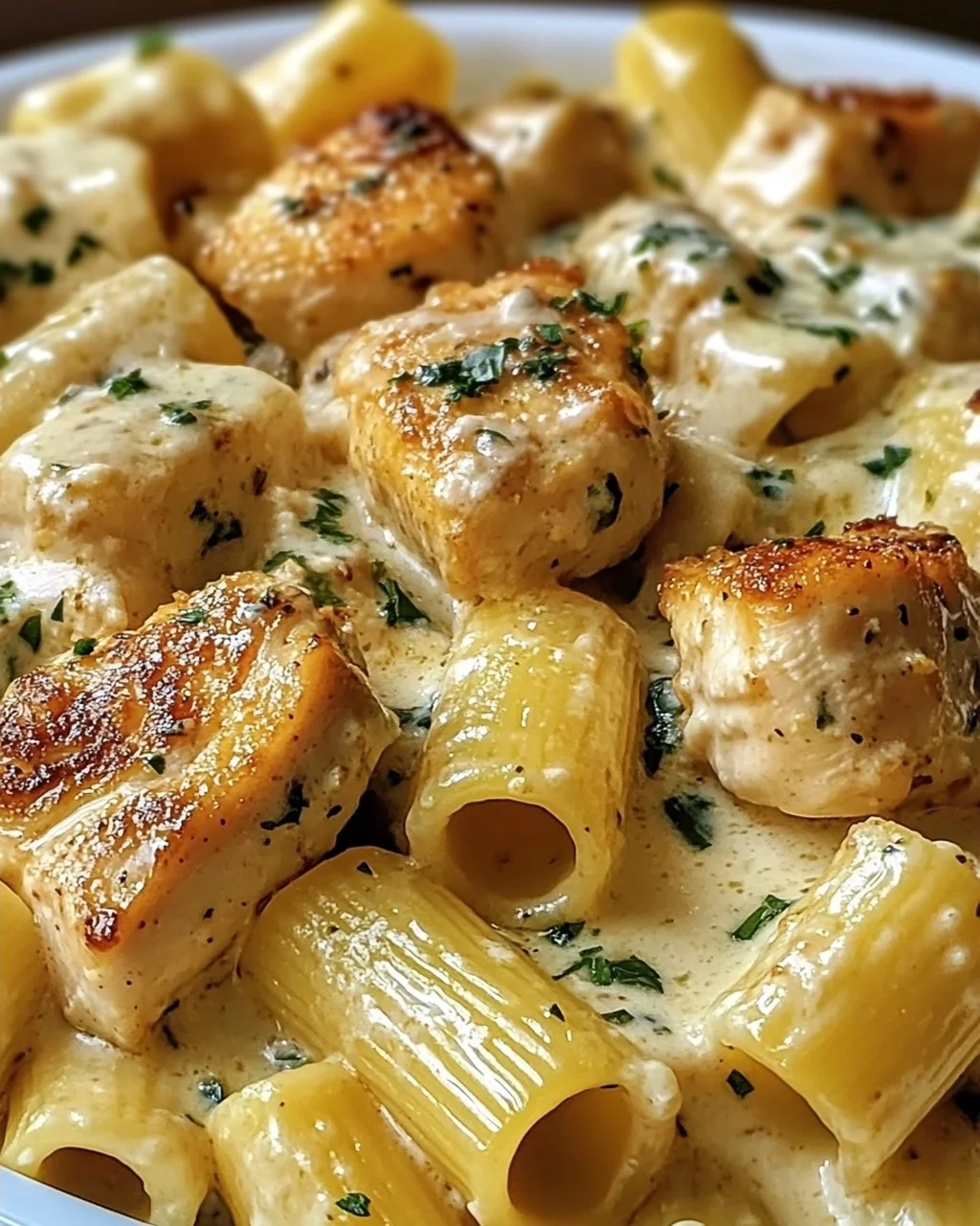 Cremiges Knoblauchbutter-Huhn und Rigatoni in Parmesan-Soße