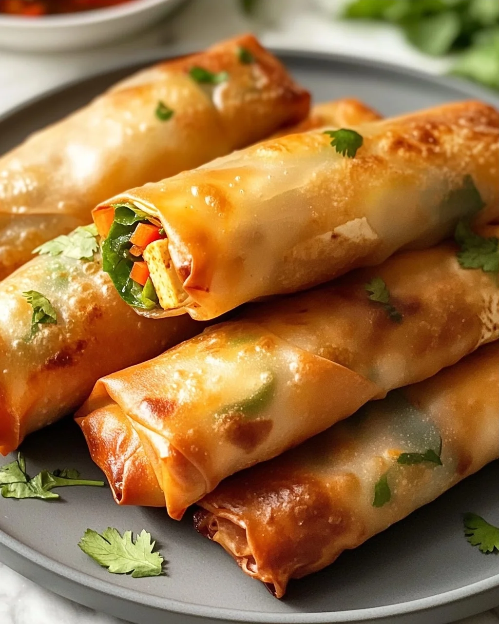 Gefüllte Airfryer Frühlingsrollen mit Tofu und frischen Kräutern genießen