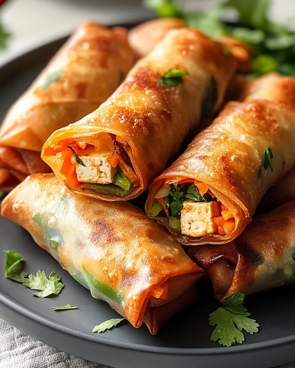 Gefüllte Airfryer Frühlingsrollen mit Tofu und frischen Kräutern genießen