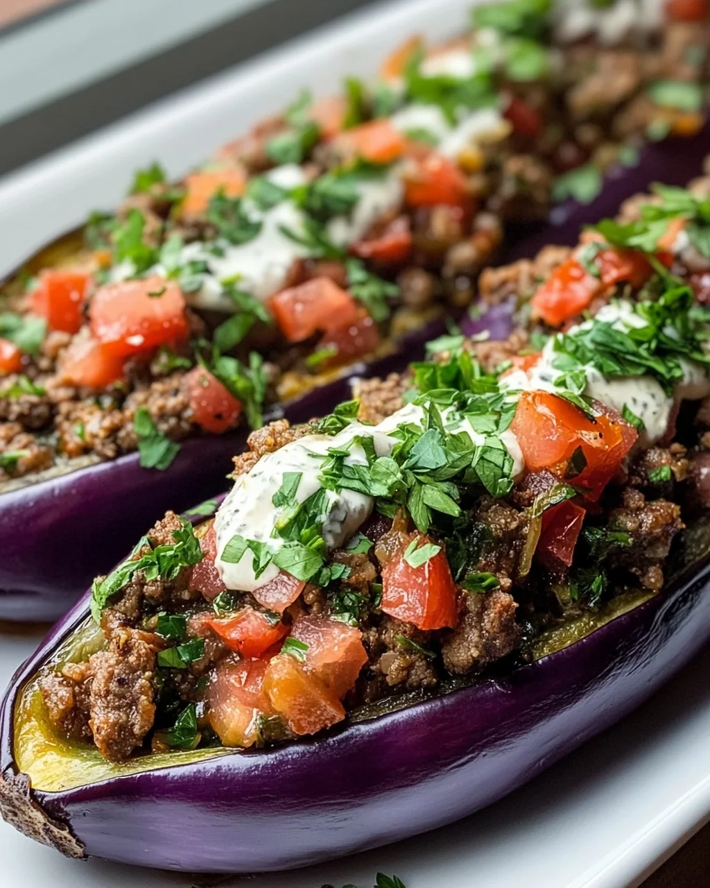Gefüllte Auberginen mit Gyros und Zitronen-Kräutersauce