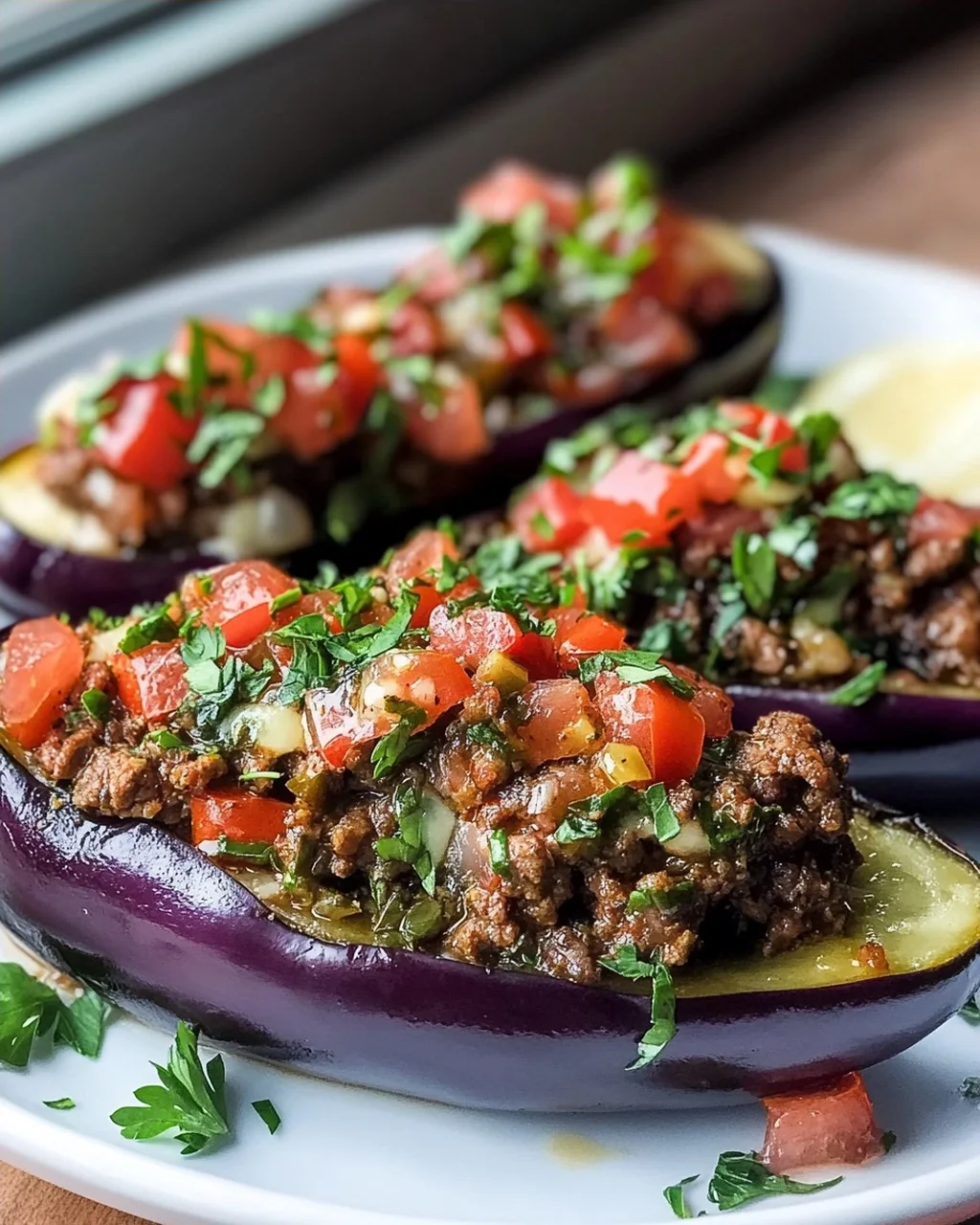 Gefüllte Auberginen mit Gyros und Zitronen-Kräutersauce
