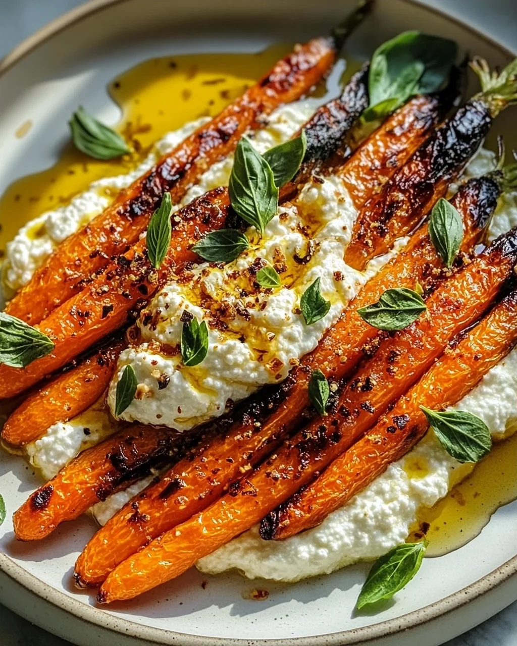 Geröstete Karotten mit geschlagener Ricotta und scharfen Honig