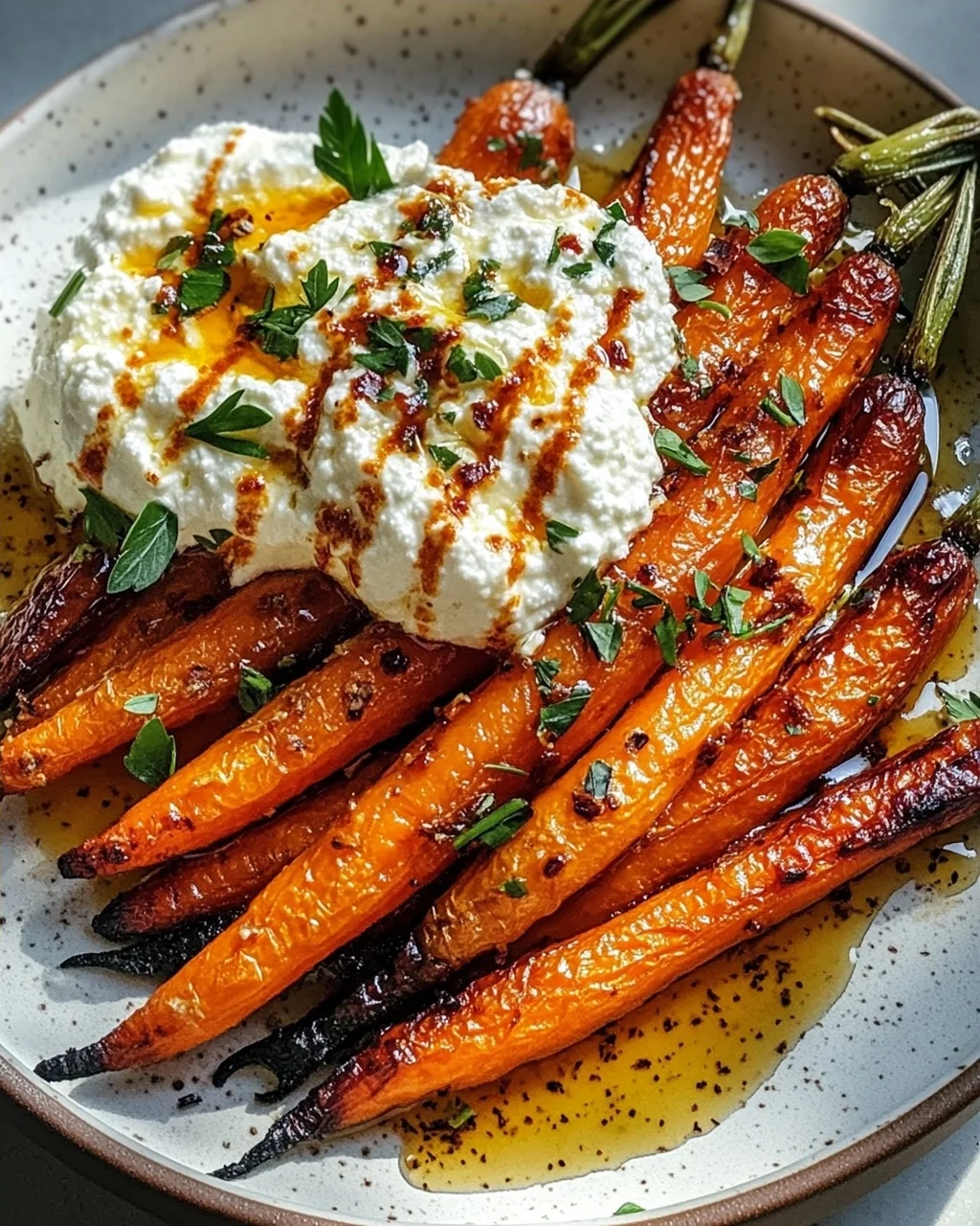 Geröstete Karotten mit geschlagener Ricotta und scharfen Honig