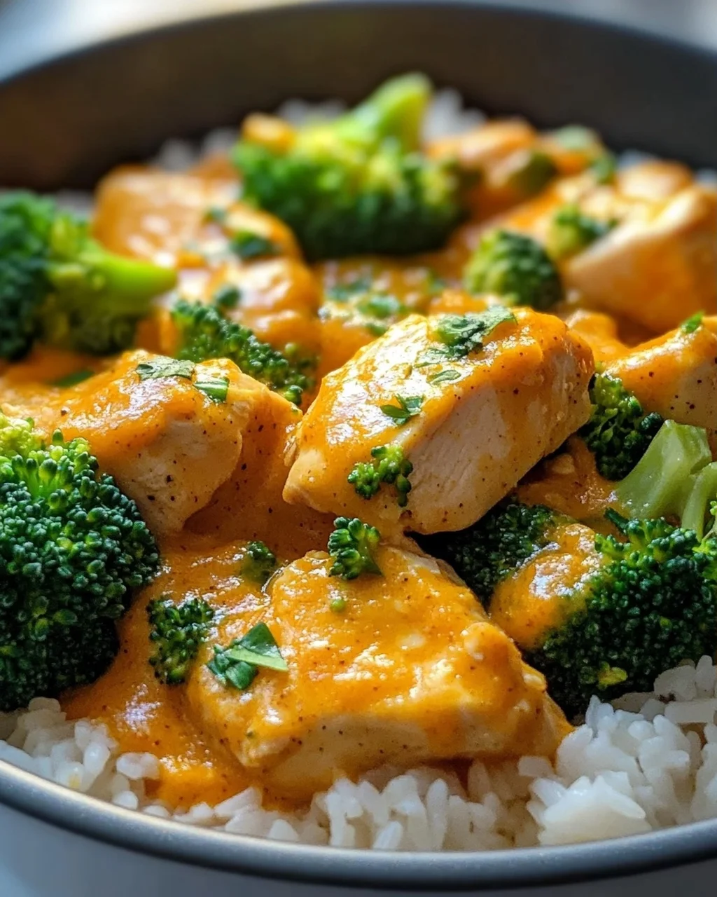 Gesunde cremige Kürbis Hähnchen Pfanne mit Brokkoli & Reis