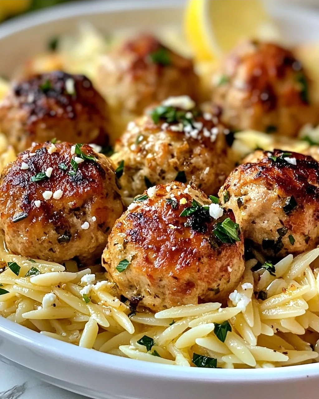 Griechische Hähnchenbällchen mit Zitronen-Orzo
