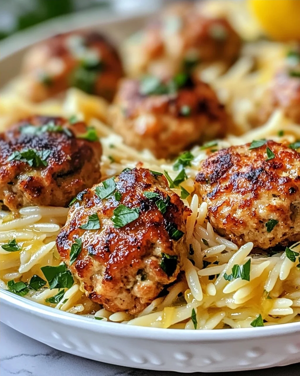 Griechische Hähnchenbällchen mit Zitronen-Orzo