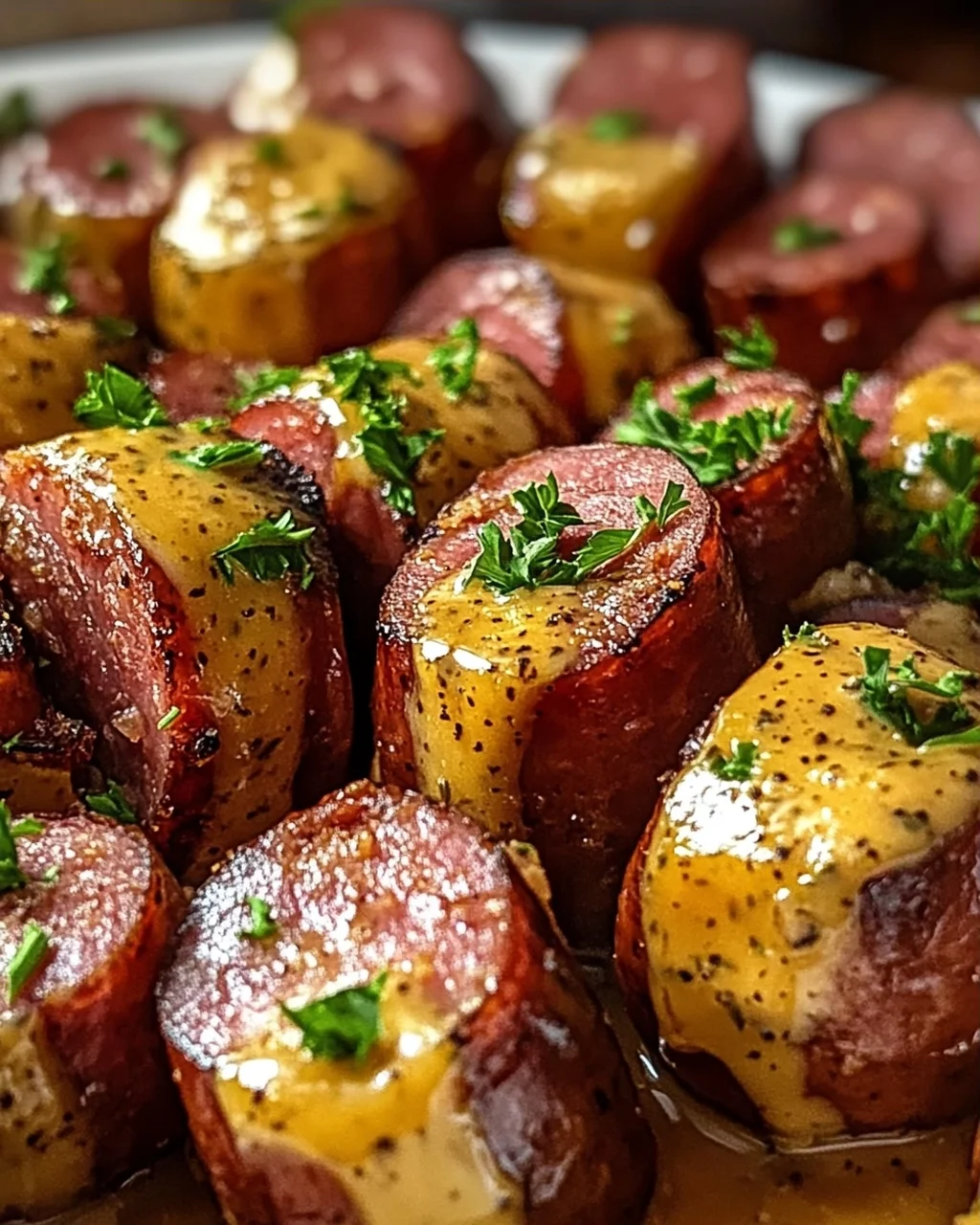 Irresistible Mustard Hasselback Kielbasa Bites