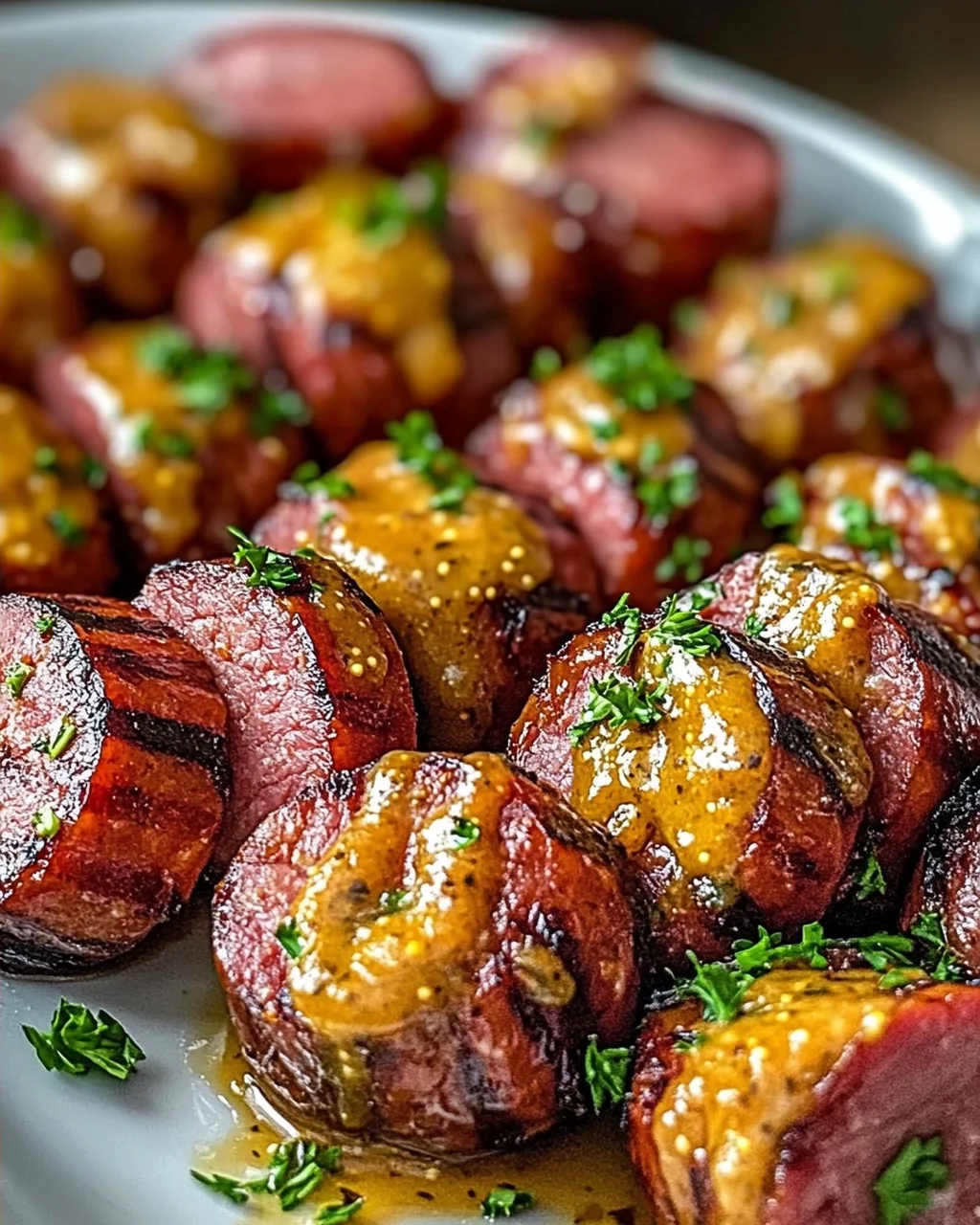 Irresistible Mustard Hasselback Kielbasa Bites