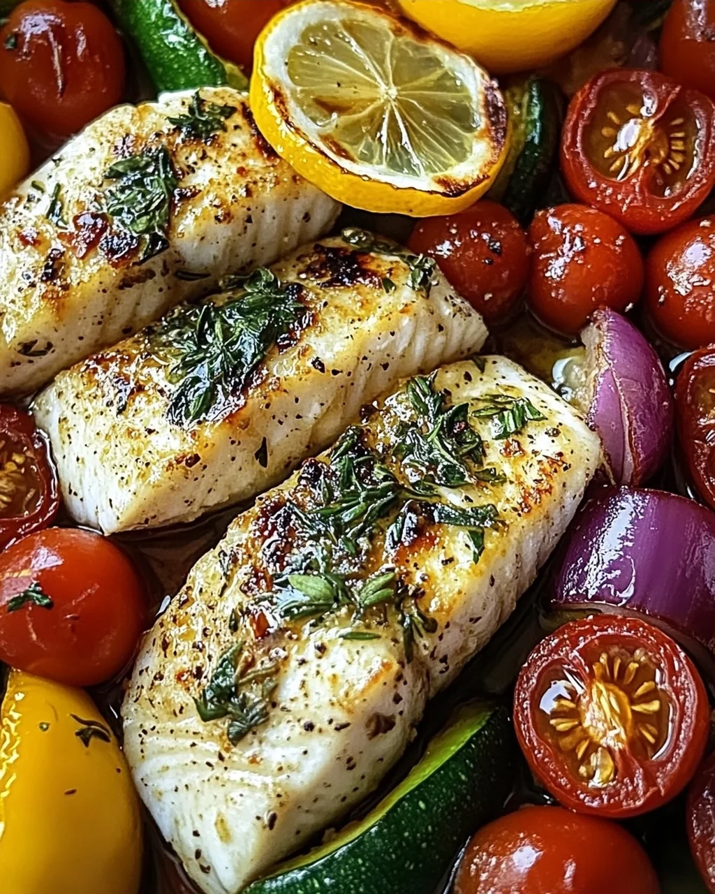 Mediterran gebackene Fischfilets mit Gemüse