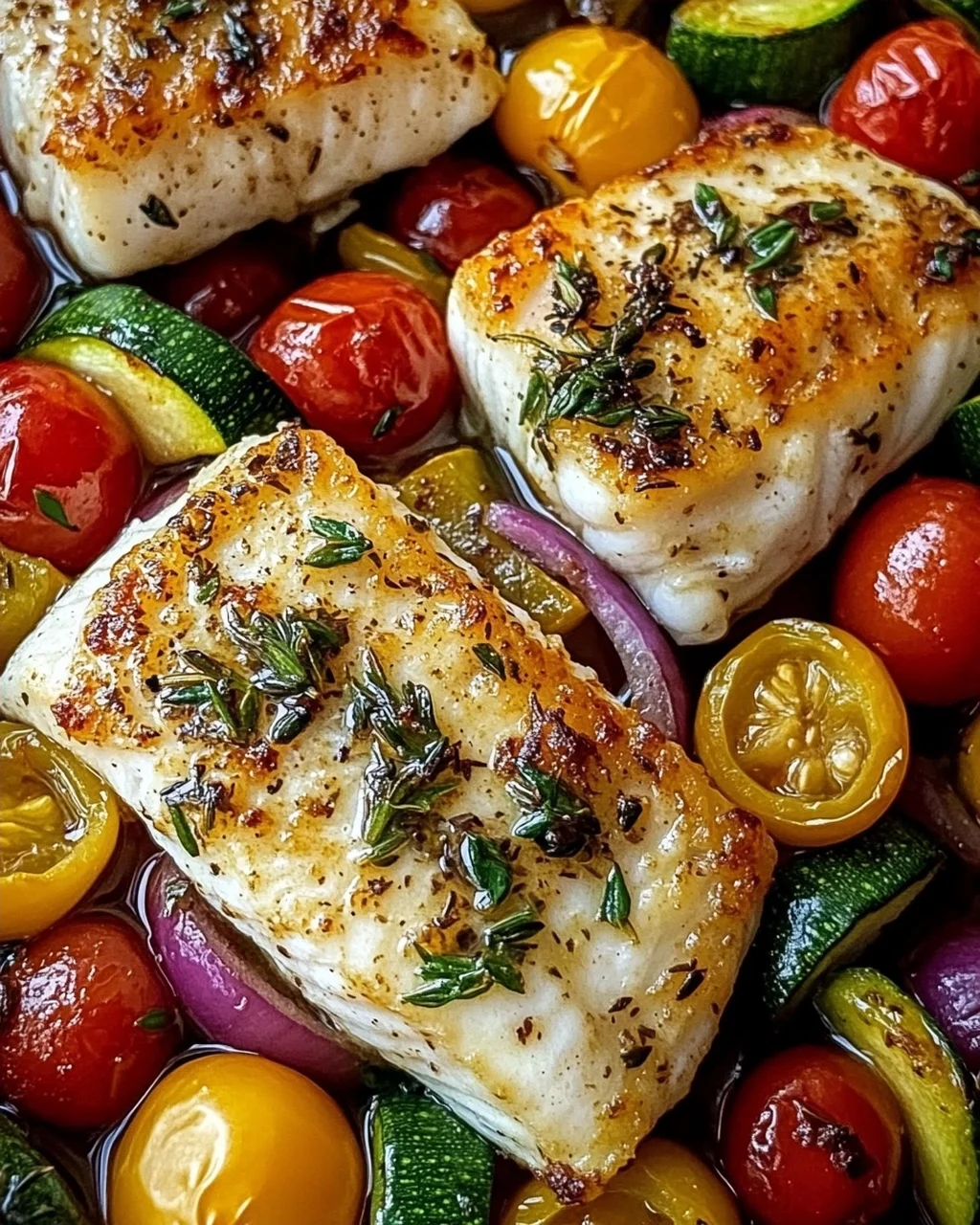 Mediterran gebackene Fischfilets mit Gemüse