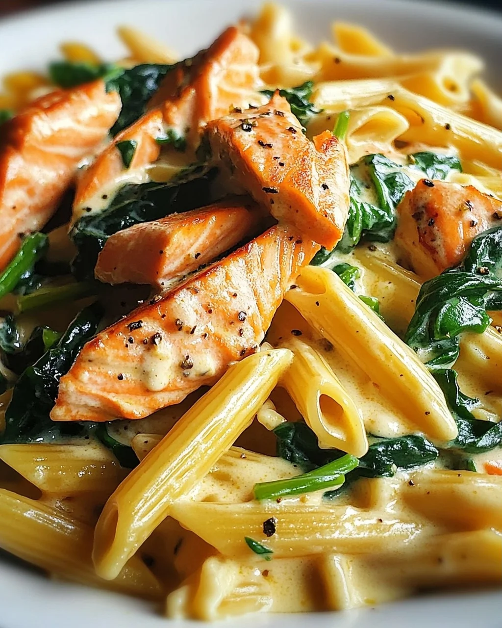 Penne in Lachs-Sahne-Sauce mit Spinat