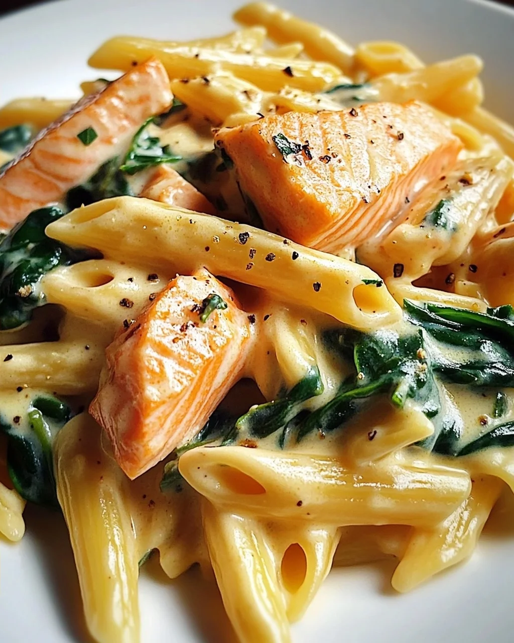 Penne in Lachs-Sahne-Sauce mit Spinat