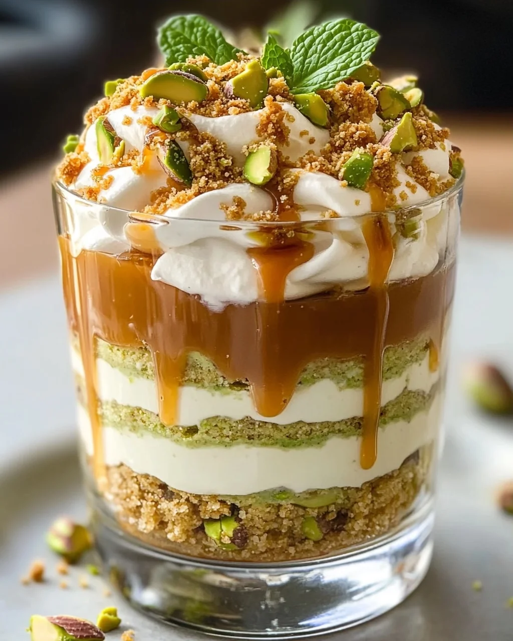 Pistazien Cheesecake Parfait: Karamell Traum im Glas
