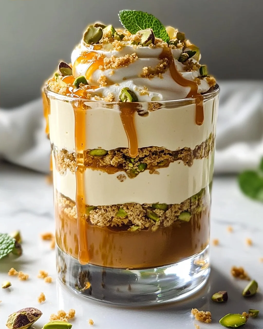 Pistazien Cheesecake Parfait: Karamell Traum im Glas