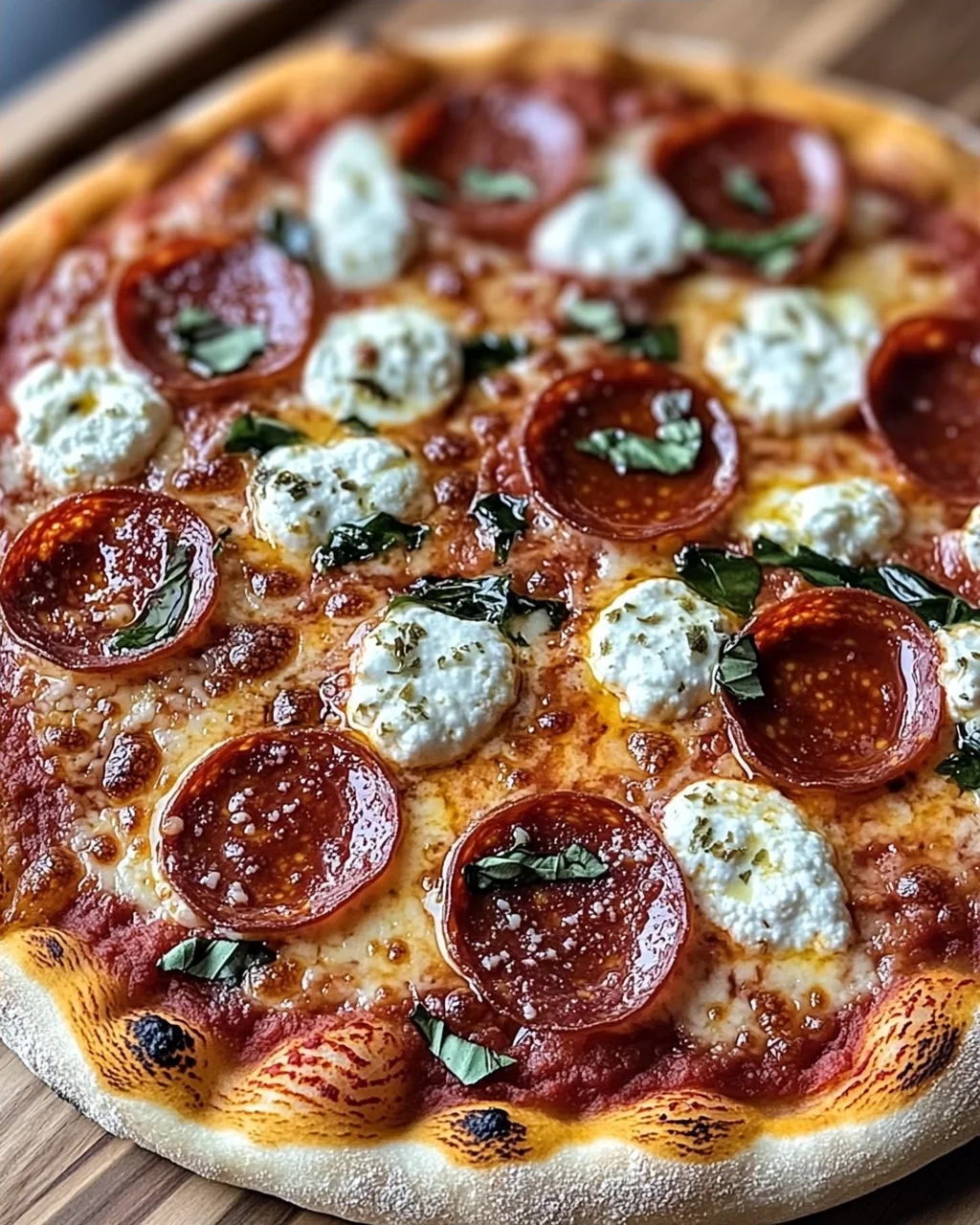 Scharfe Honig-Pepperoni-Pizza mit Ricotta genießen
