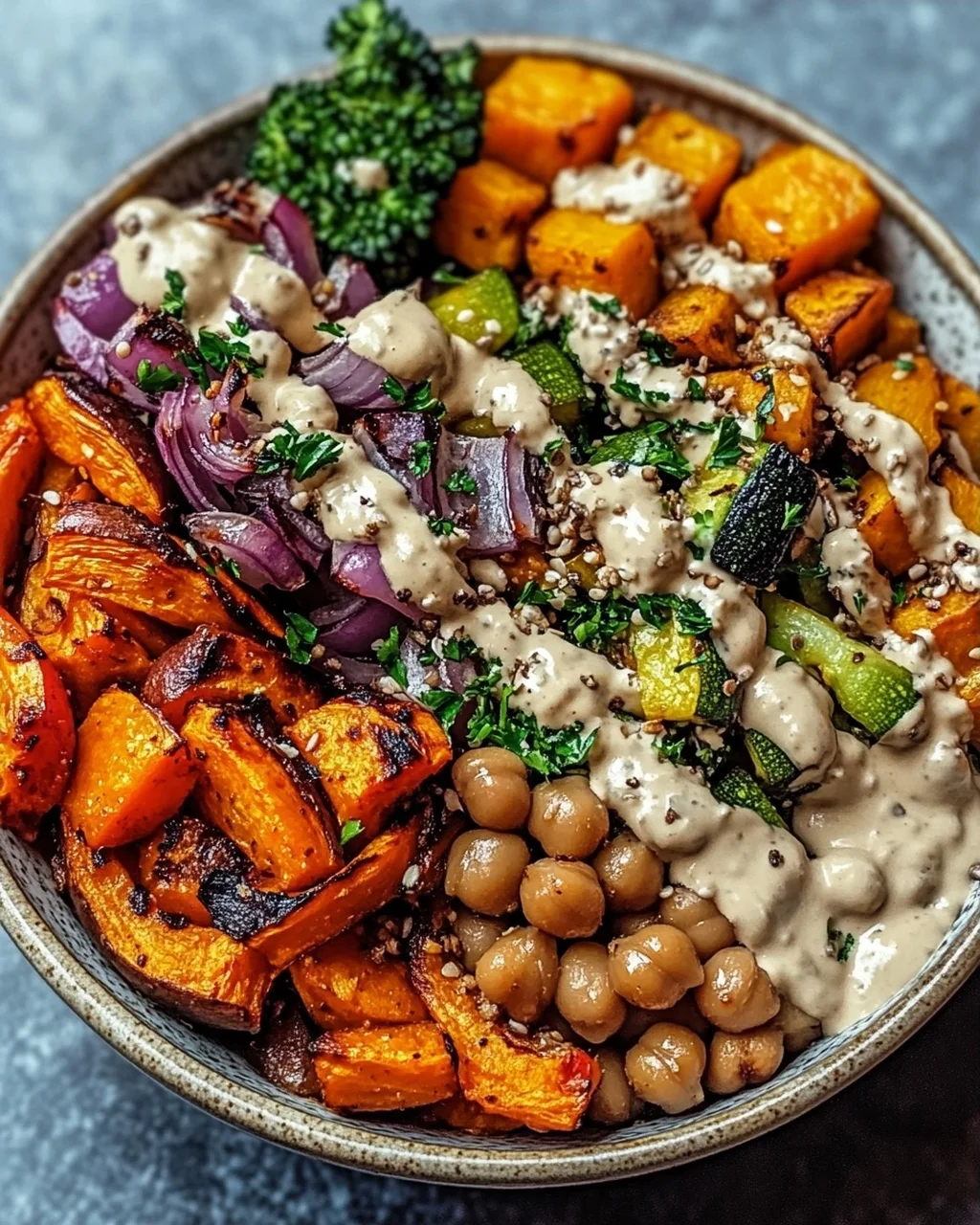 Schüssel mit geröstetem Gemüse und Kichererbsen mit Tahini-Dressing