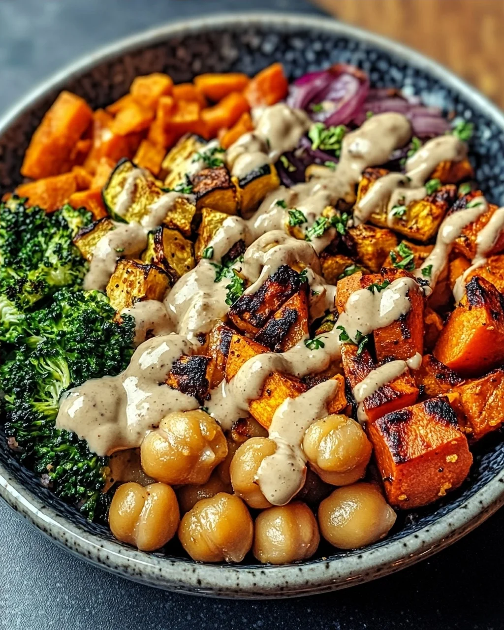 Schüssel mit geröstetem Gemüse und Kichererbsen mit Tahini-Dressing