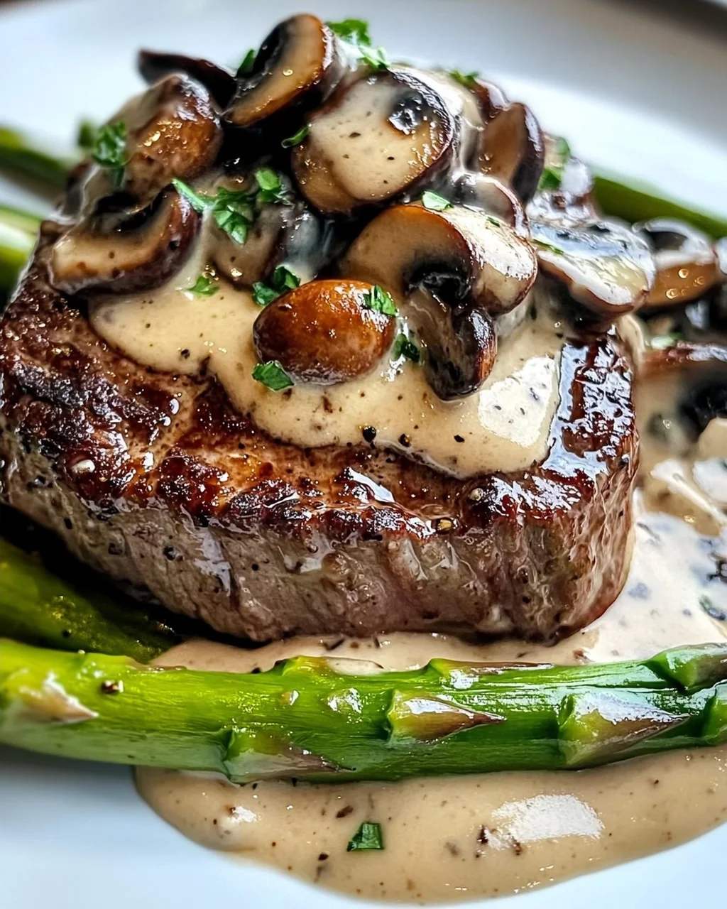 Steak mit cremiger Pilzsauce und Spargel genießen!