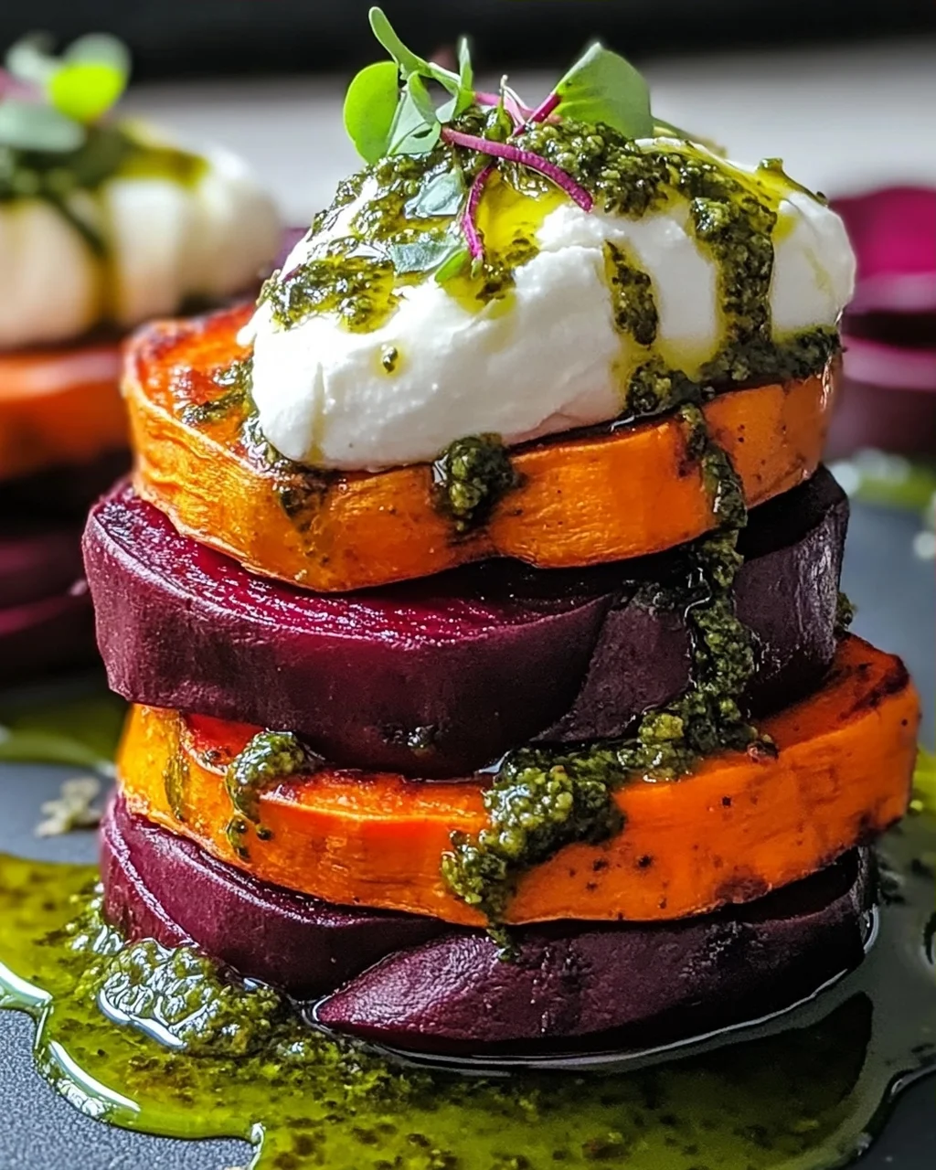 Süßkartoffel- und Rote-Bete-Stapel mit Pesto