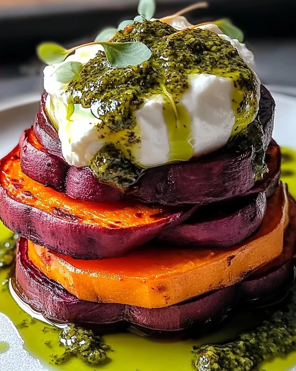 Süßkartoffel- und Rote-Bete-Stapel mit Pesto