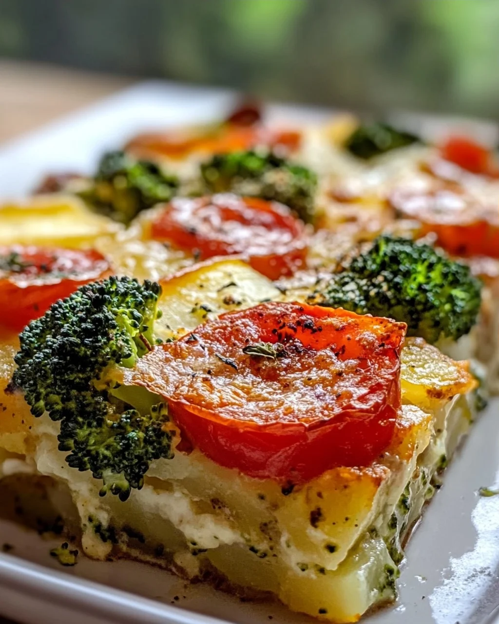 Veganer Kartoffel Auflauf mit Brokkoli und Tomaten genießen!