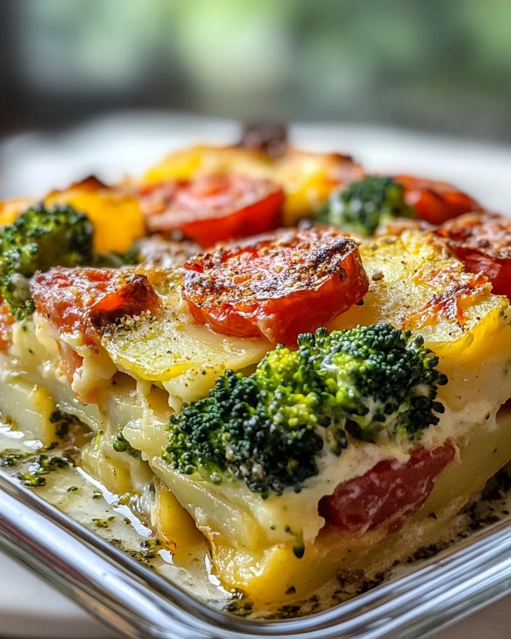 Veganer Kartoffel Auflauf mit Brokkoli und Tomaten genießen!