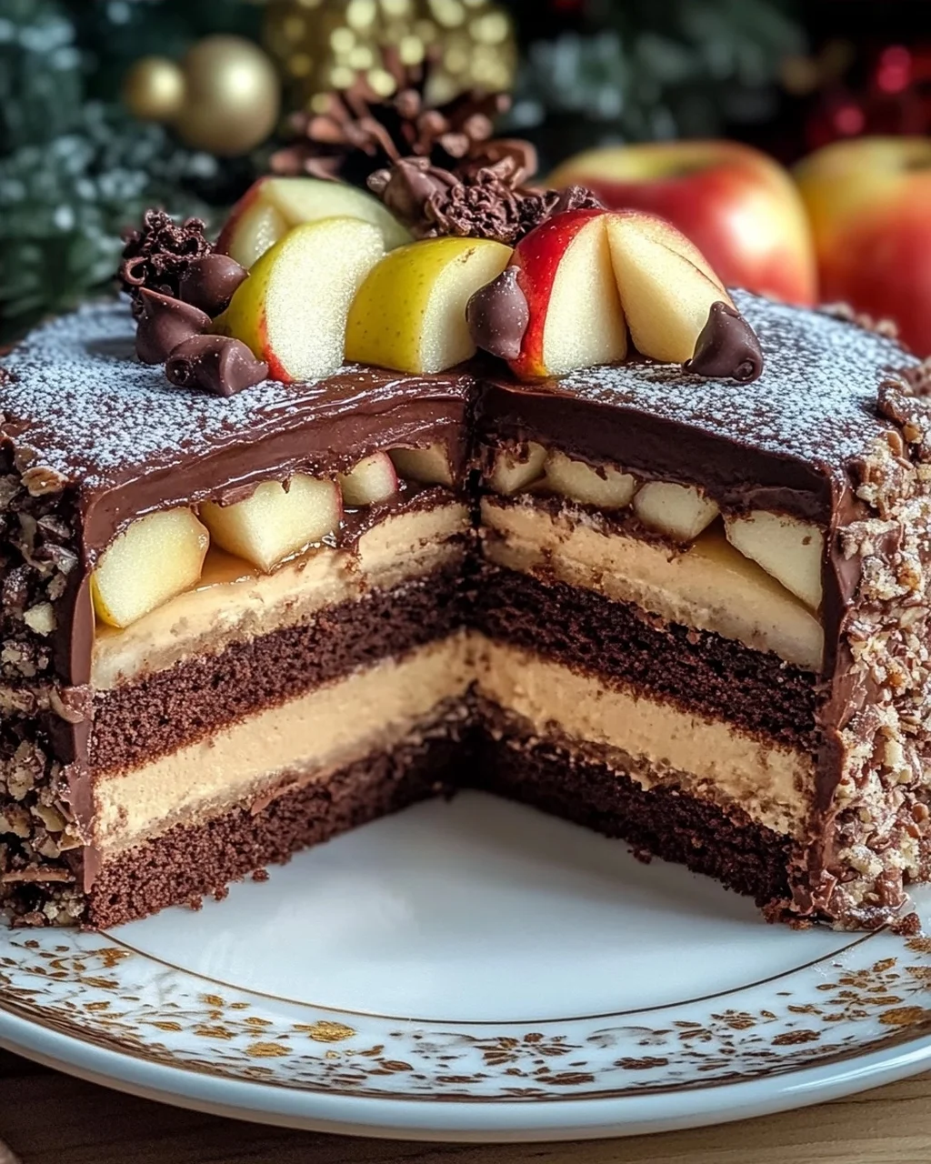 Weihnachtstorte mit Äpfeln und Schokolade